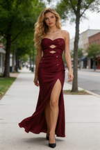 Womens Burgundy Strapless Glitter Mermaid Prom Dress With Cutout And Slit by tangjianjun