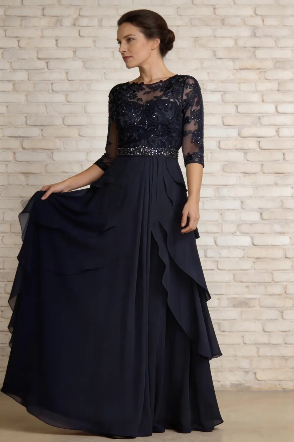 Navy Blue Lace Applique Chiffon Mother of the Bride Dress by tangjianjun