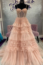 Blushing Pink Tulle Ruffle Layers Lace-Up Back A-Line Prom Dress