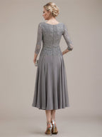 A-line Scoop Tea-Length Lace Chiffon Mother of the Bride Dress