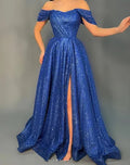 Vestido de Baile Azul com Lantejoulas Brilhantes, Ombros Descobertos, Fenda e Corte em A Y8532