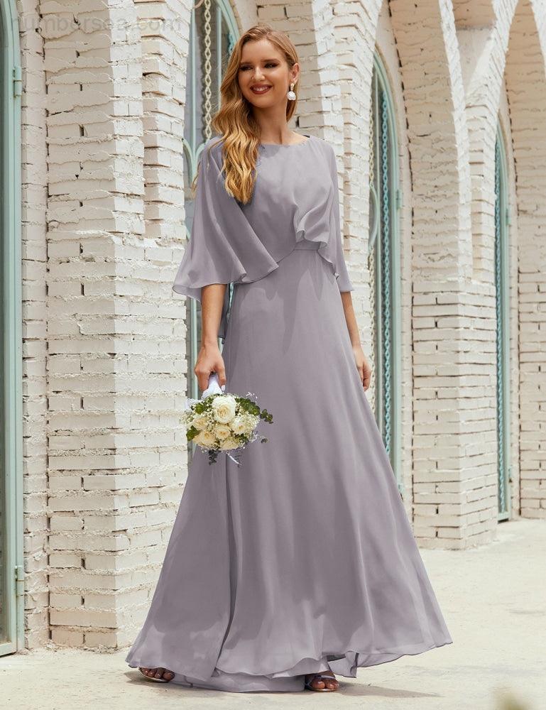 Bridesmaid Dress Women Long Sleeve V-Neck Chiffon Formal Wedding Party Dress 28018