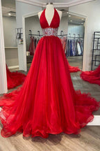 Beaded Halter Backless A-Line Long Prom Gown
