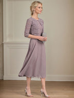A-line Scoop Tea-Length Chiffon Mother of the Bride Dress With Pleated