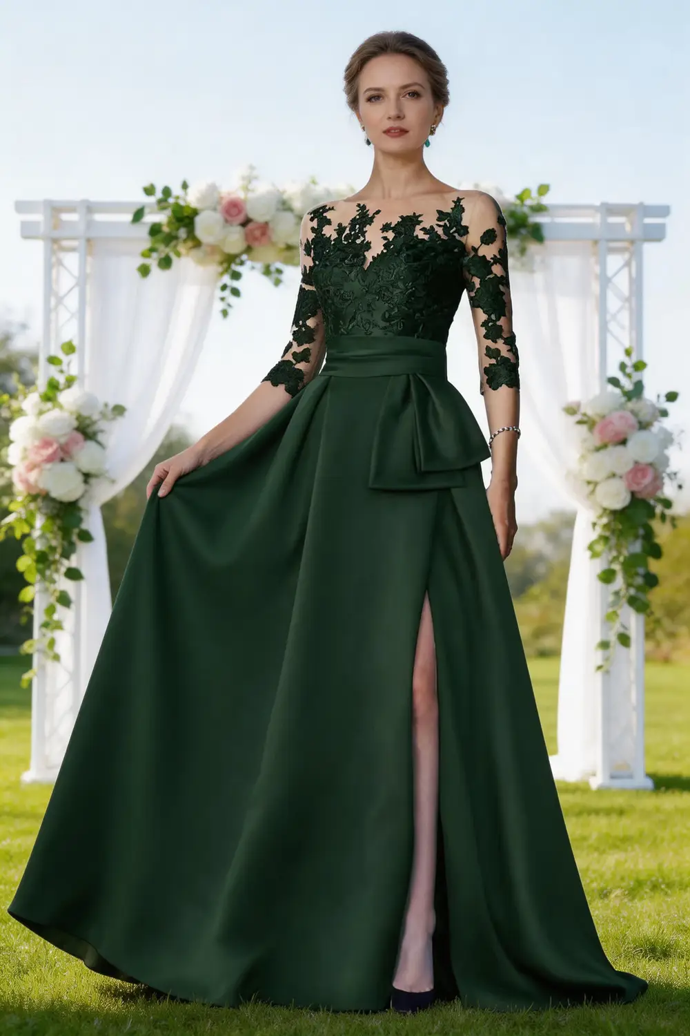 Elegant Dark Green Lace Satin A-Line Mother of the Bride Dress with Slit by tangjianjun