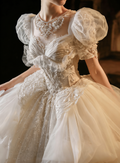 Puff Sleeve Beaded Ball Gown Wedding Dress with Train
