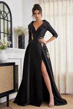 Black Satin Gold Embroidered Formal Gown, Lapel V-Neck High Slit Evening Dress by tangjianjun