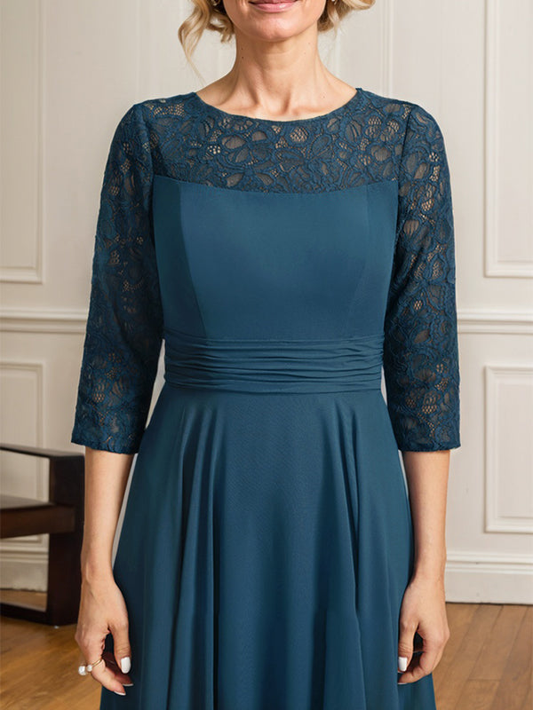 A-line Scoop Illusion Floor-Length Lace Chiffon Mother of the Bride Dress With Pleated
