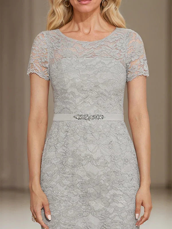 Vestido de madrina de novia de encaje de gasa con abalorios, corte columna y largo hasta la rodilla