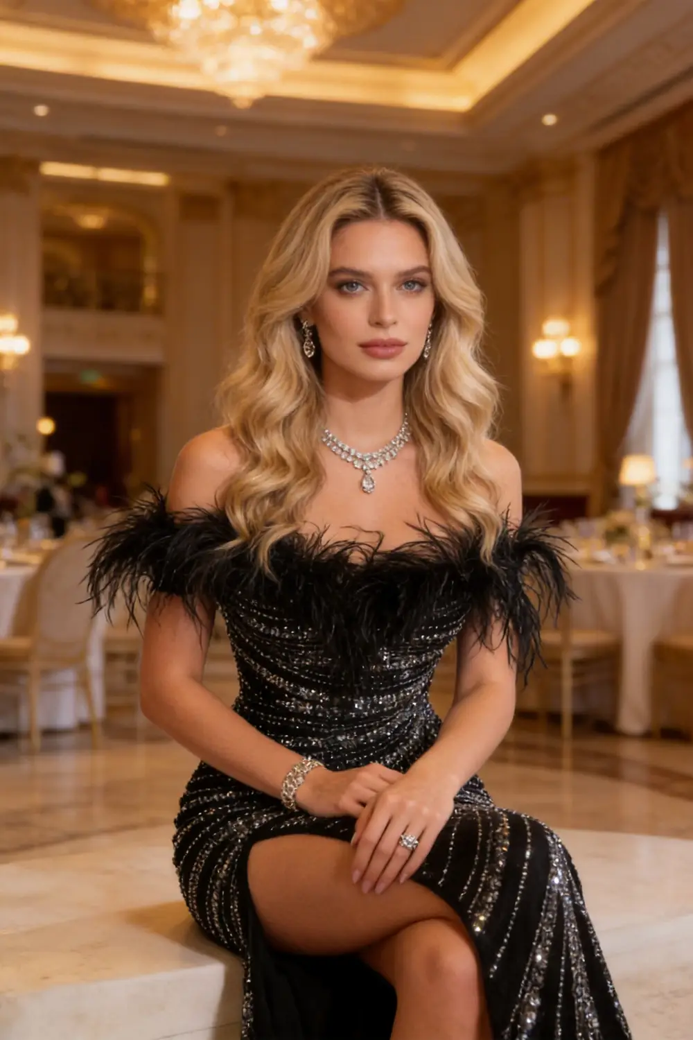 Off Shoulder Feather Trim Mermaid Evening Gown with Rhinestone Embellishments by tangjianjun