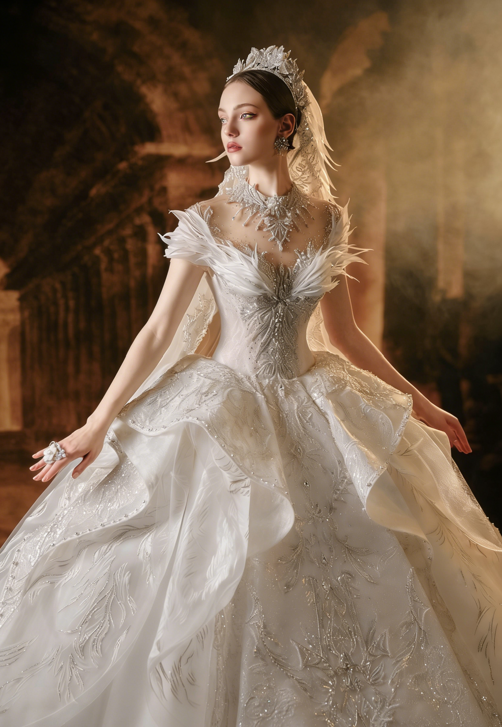 Abito da sposa sontuoso con piume, collo alto, gonna ampia, ricami con perline e strascico