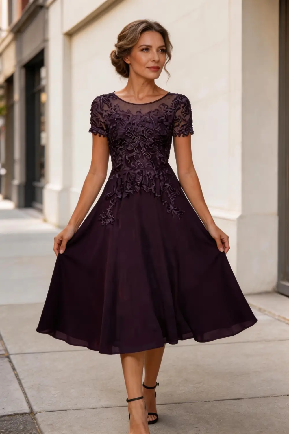 Elegant Plum Purple Lace Chiffon Tea-Length Mother of the Bride Dress by tangjianjun