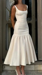 Vestido de Festa Sereia Marfim Bonito Vestido Longo de Cetim para Baile de Finalistas Y8014