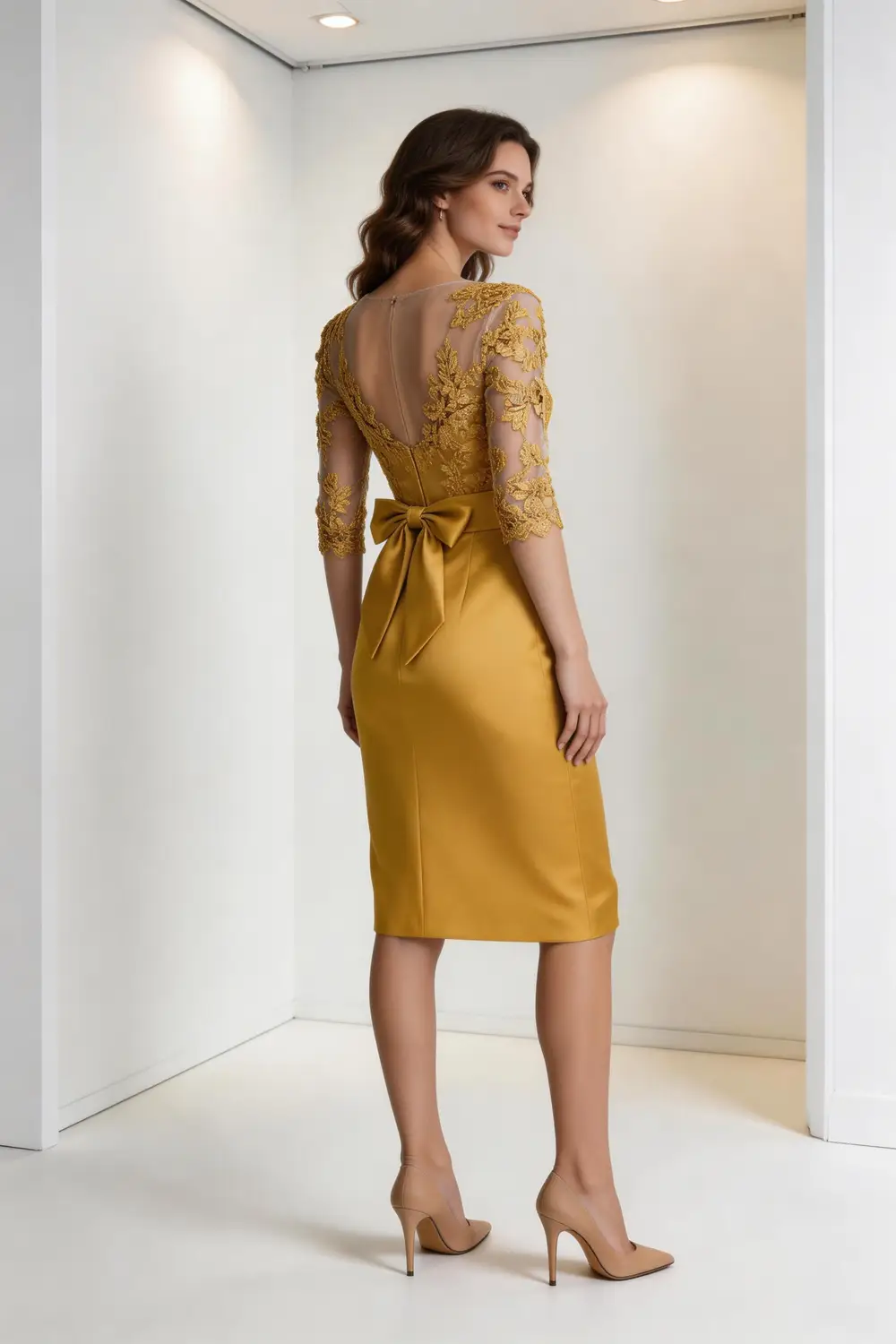 Gold Lace Illusion Neck Satin Sheath Dress, Bow Waist Formal Cocktail Gown by tangjianjun