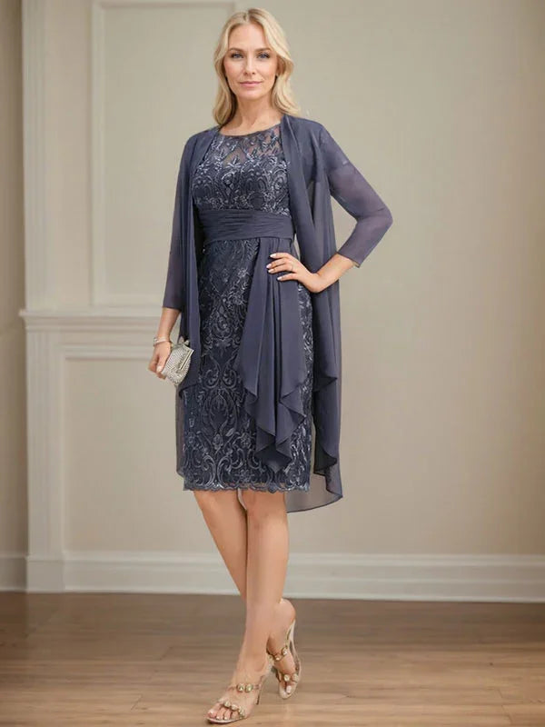 Etui/Säulenförmiges Kleid mit Illusion, knielang, aus Spitze und Chiffon, Brautmutterkleid mit herabfließenden Rüschen und Pailletten