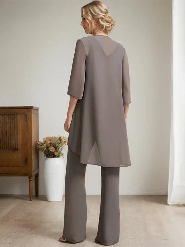 Tuta Separata/Completo Pantaloni Scollo a U Lunghezza Pavimento Chiffon Pizzo Abito Madre della Sposa con Perline e Paillettes