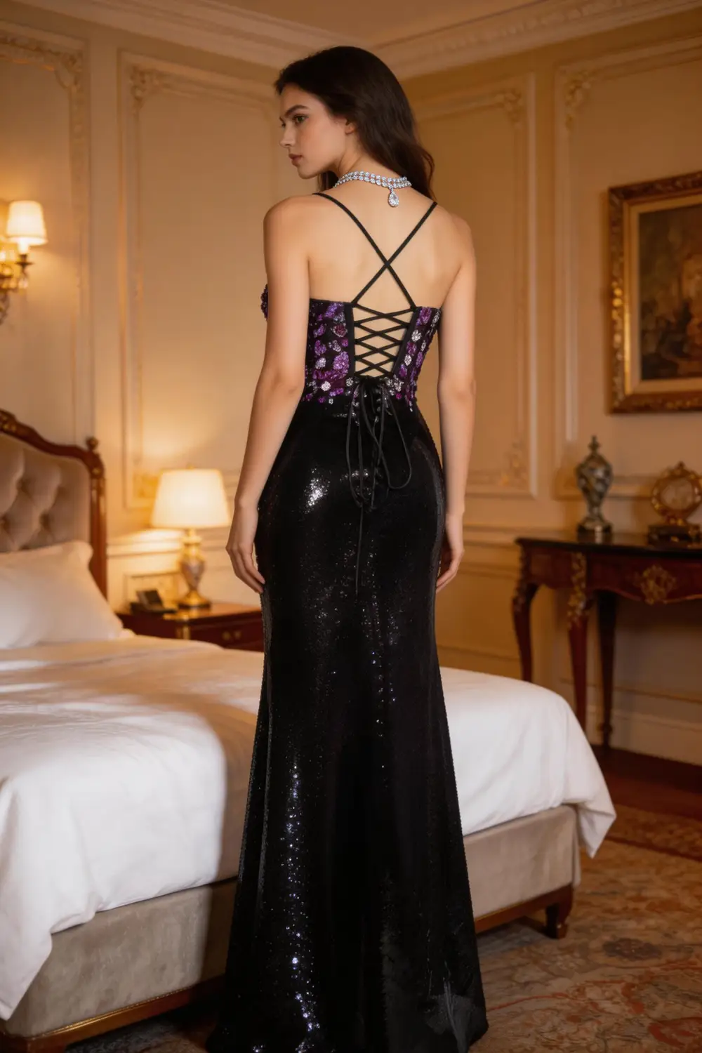 Elegant Black Sequin Mermaid Prom Dress with Purple Floral Embroidery - High Slit Evening Gown by tangjianjun