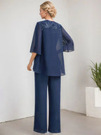 Macacão/Conjunto de Calças com Decote Redondo, Comprimento até ao Chão, em Renda e Chiffon, Vestido de Mãe da Noiva com Lantejoulas