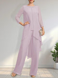 Macacão/Conjunto de Calças Separado com Decote Redondo, Comprimento até ao Chão, em Chiffon, Vestido de Mãe da Noiva com Lantejoulas e Bordados