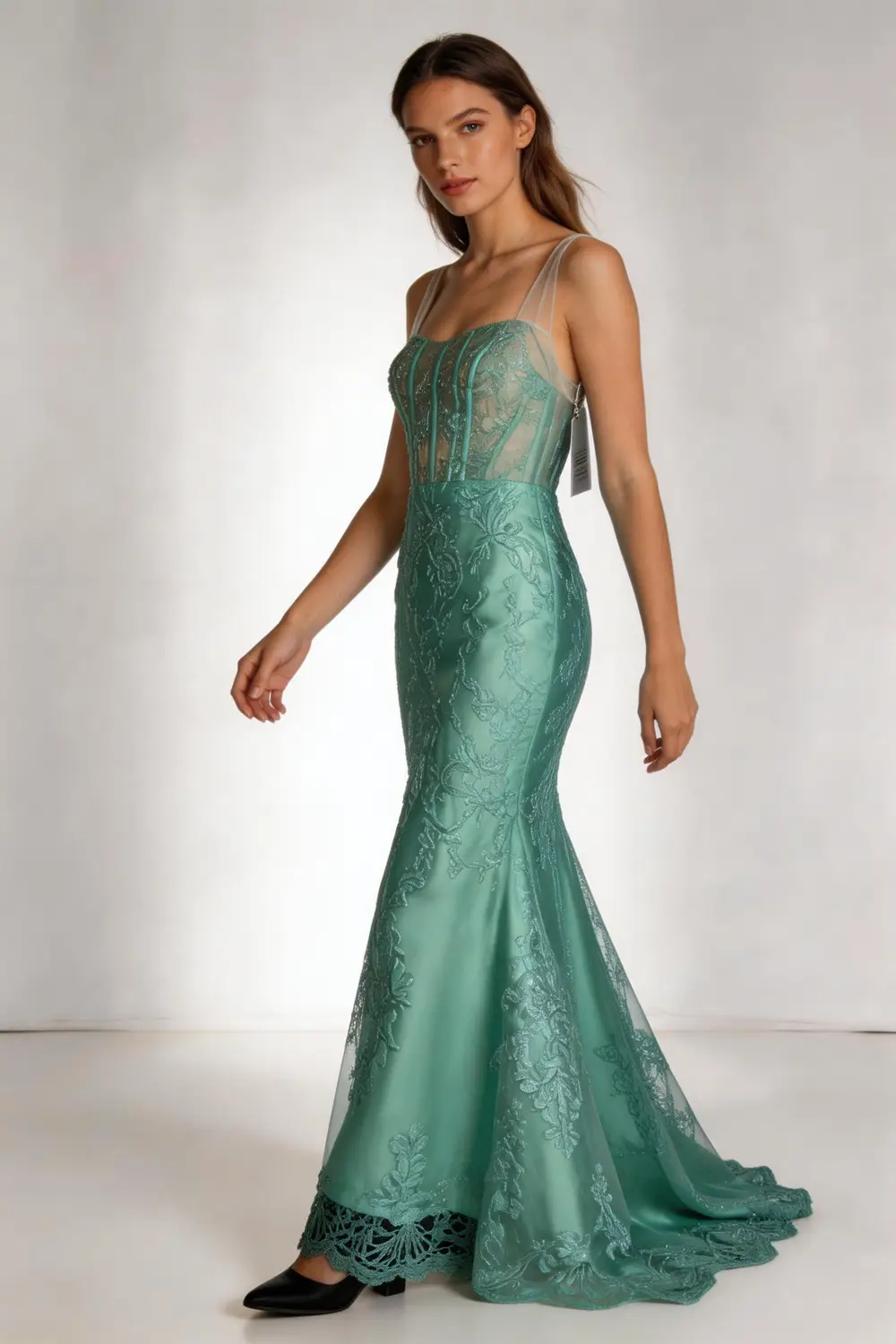 Mint Green Sheer Corset Mermaid Evening Gown, Lace Applique Formal Prom Dress by tangjianjun