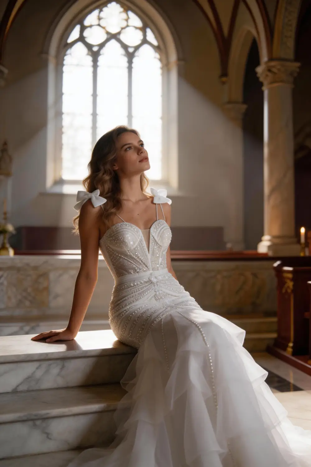 White Beaded Mermaid Wedding Dress, Deep V Neck Ruffle Bridal Gown by tangjianjun
