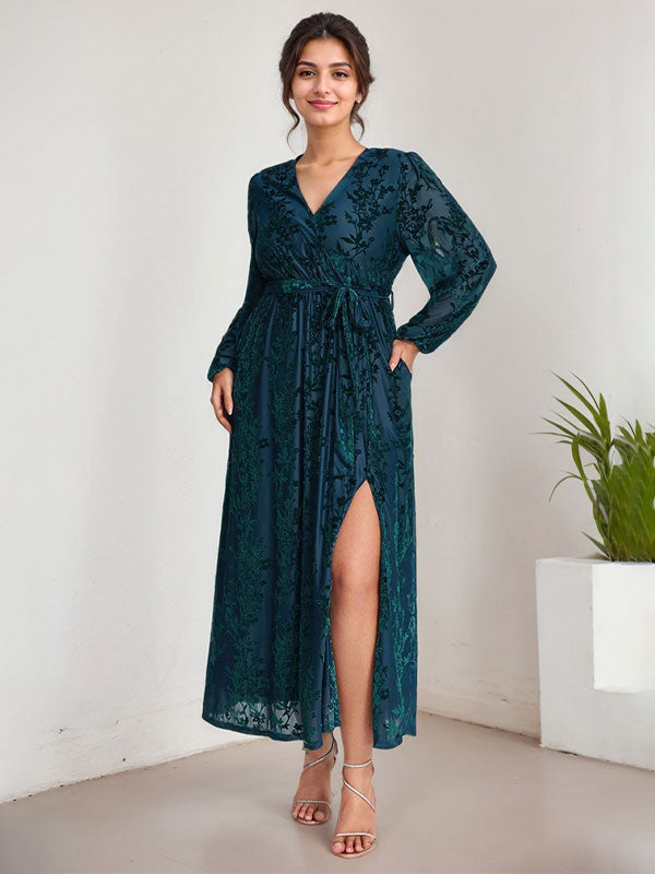 A-Line V-Neck Long Sleeves Velvet Tea-Length Mother of the Bride Dress With Split