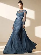 Vestido de Festa Branco Elegante com Aplicações de Renda em Tule, Mangas Compridas, Modelo Linha A, Vestido de Noite Y8514