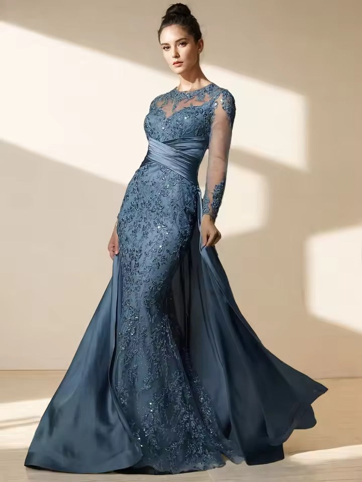 Vestido de Festa Branco Elegante com Aplicações de Renda em Tule, Mangas Compridas, Modelo Linha A, Vestido de Noite Y8514