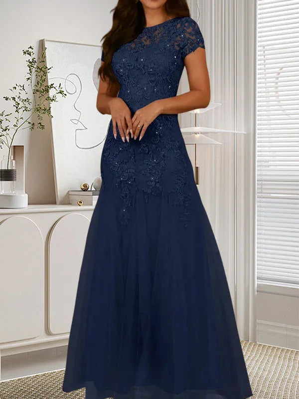 Abito in tulle con scollo a sirena e paillettes blu marina scuro