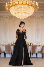 Black Lace Illusion Neck Satin Evening Gown, High Slit Mother of the Bride Dress by tangjianjun