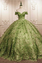 vestido de baile único em renda verde-sálvia com decote ombro a ombro para festa de 15 anos Y6525