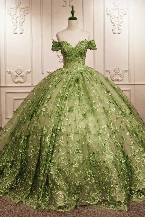 vestido de baile único em renda verde-sálvia com decote ombro a ombro para festa de 15 anos Y6525