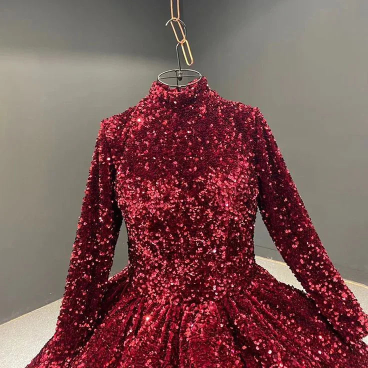 Burgundy Ball Gown Sequin Long Sleeve Quinceanera Dresses Y4442