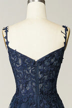 A-line Navy Blue Prom Dress Lace Tulle Evening Dress Y382