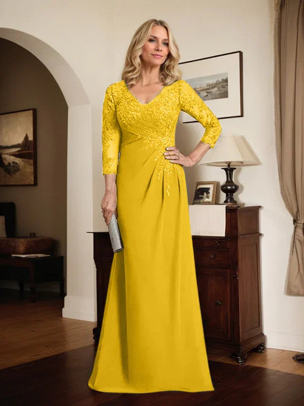 Vestido de madrina de novia con escote en V ilusión, corte columna, largo hasta el suelo, de encaje y gasa con lentejuelas plisadas