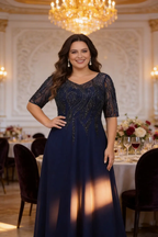 Plus Size Navy Blue Beaded Chiffon Formal Gown, Mother of the Bride Dress by tangjianjun