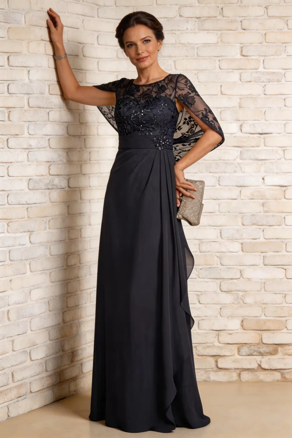 Dark Navy Lace Cape Sleeve Chiffon A-Line Mother of the Bride Formal Gown by tangjianjun
