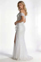 Off-the-Shoulder Sequin Mermaid Formal Gown with High Slit & Ruffle Detail by tangjianjun
