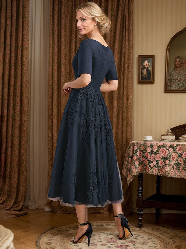 A-line V-Neck Tea-Length Tulle Lace Mother of the Bride Dress With Pleated