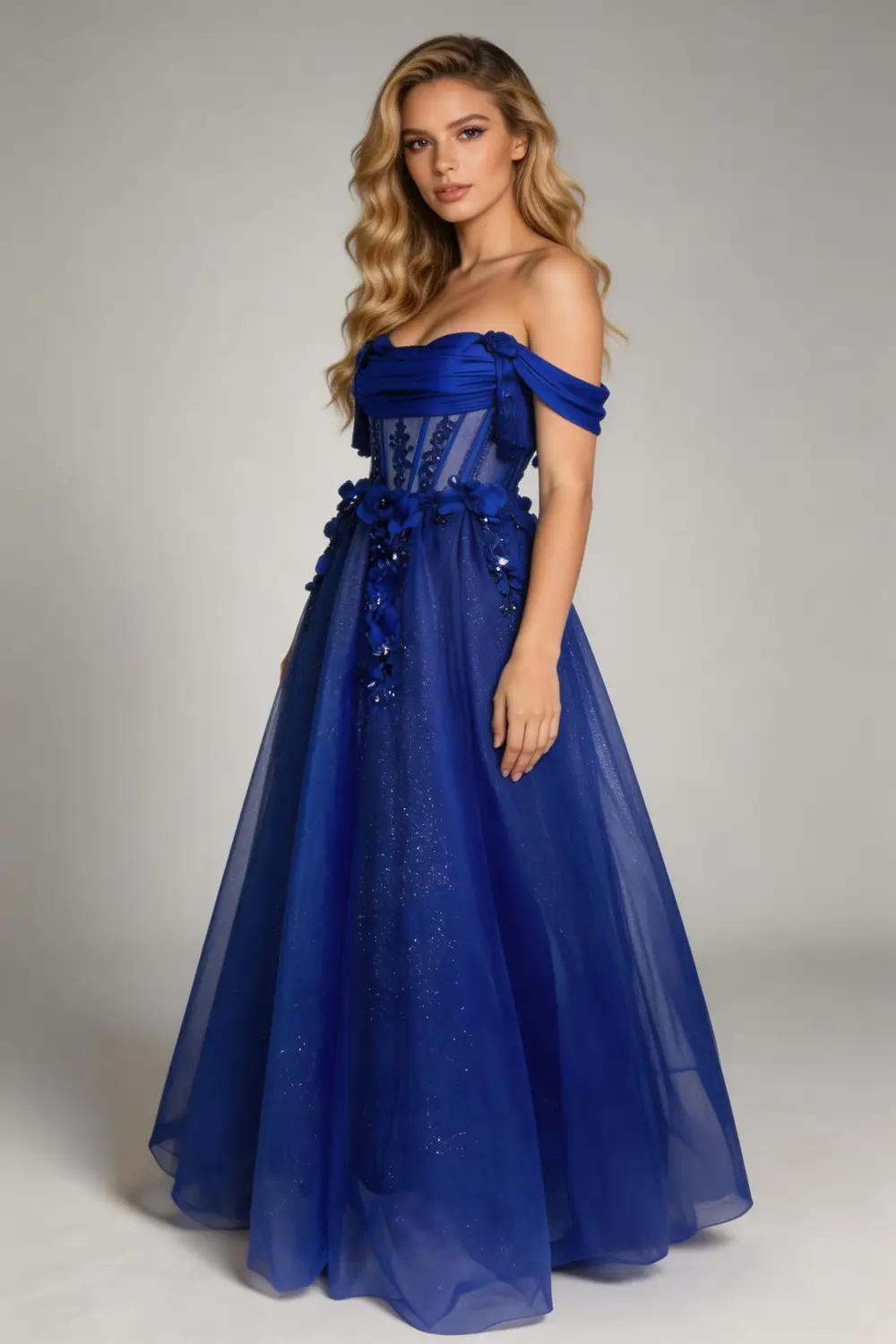 Royal Blue Off-the-Shoulder Corset Ball Gown, 3D Floral Glitter Prom Dress by tangjianjun