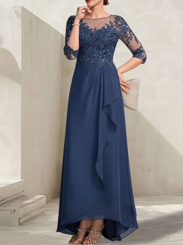 A-line Scoop Illusion Asymmetrical Lace Chiffon Mother of the Bride Dress With Sequins Cascading Ruffles