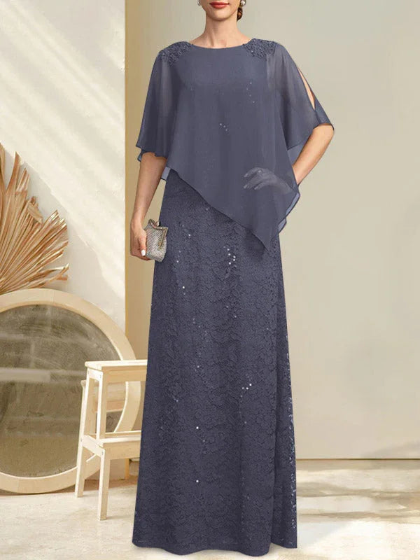 Etui/Säulenförmiges Bodenlanges Kleid aus Chiffon und Spitze für die Brautmutter mit Paillettenperlenstickerei