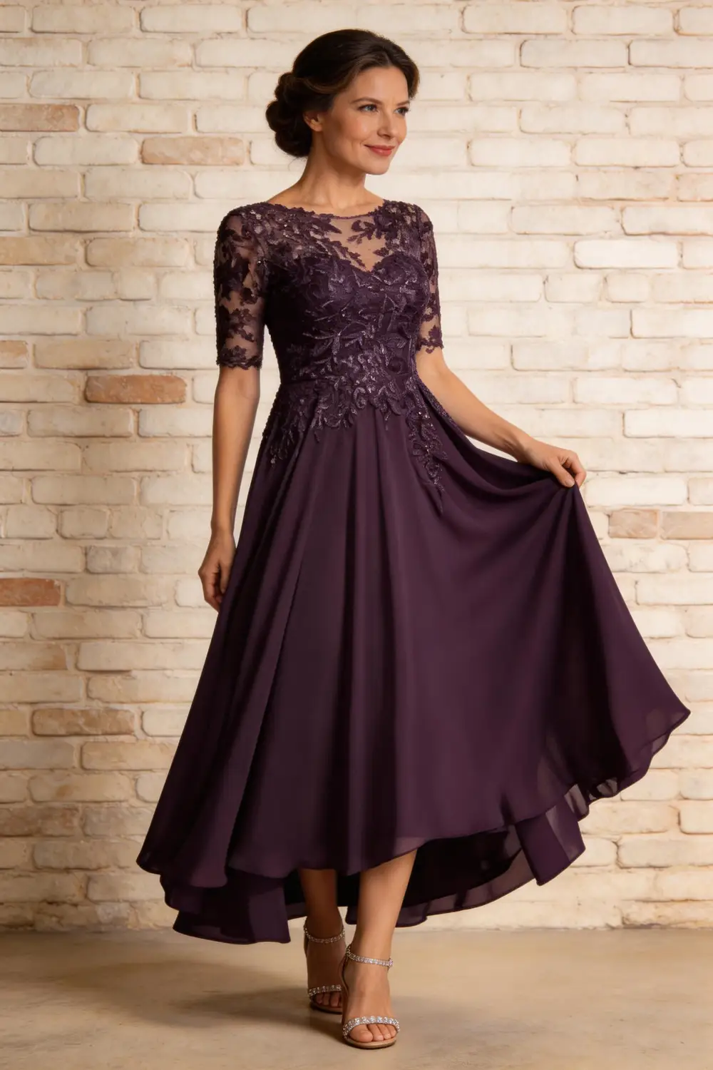 Elegant Plum Purple Lace Chiffon High-Low Mother of the Bride Dress by tangjianjun