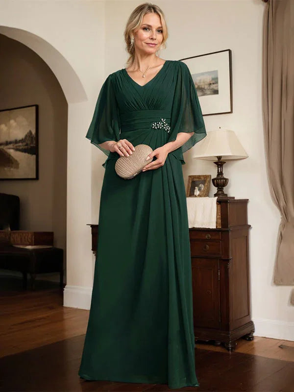 Vestido de Mãe da Noiva em Chiffon, Comprimento até ao Chão, Decote em V, Modelo Coluna com Pregas e Bordados de Lantejoulas