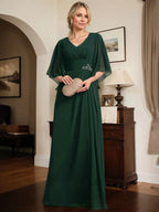 Vestido de Mãe da Noiva em Chiffon, Comprimento até ao Chão, Decote em V, Modelo Coluna com Pregas e Bordados de Lantejoulas
