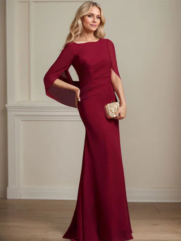 Vestido de Mãe da Noiva em Chiffon com Decote Barco, Corte Trompete/Sereia e Comprimento até ao Chão, com Pregas