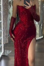 Sequin Strapless Long Mermaid Prom Dress With Split Detachable Sleeves