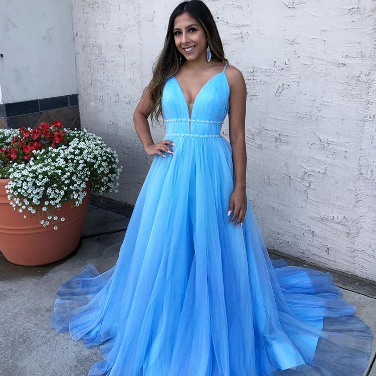 Spaghettiträger V-Ausschnitt Tüll Blau Ballkleid Ärmellos Lang
