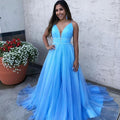 Spaghettiträger V-Ausschnitt Tüll Blau Ballkleid Ärmellos Lang
