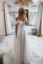 Off The Shoulder Champagne Backless Wedding Dress With Tulle Lace Appliques